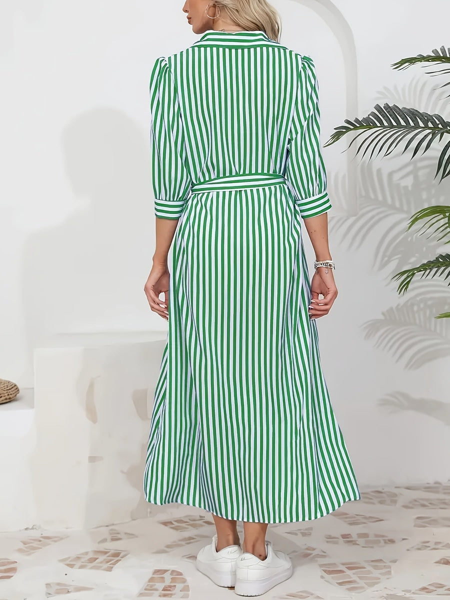Striped Shirt Midi Dress with Tie Waist and Three Quarter Sleeves