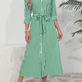 Striped Shirt Midi Dress with Tie Waist and Three Quarter Sleeves