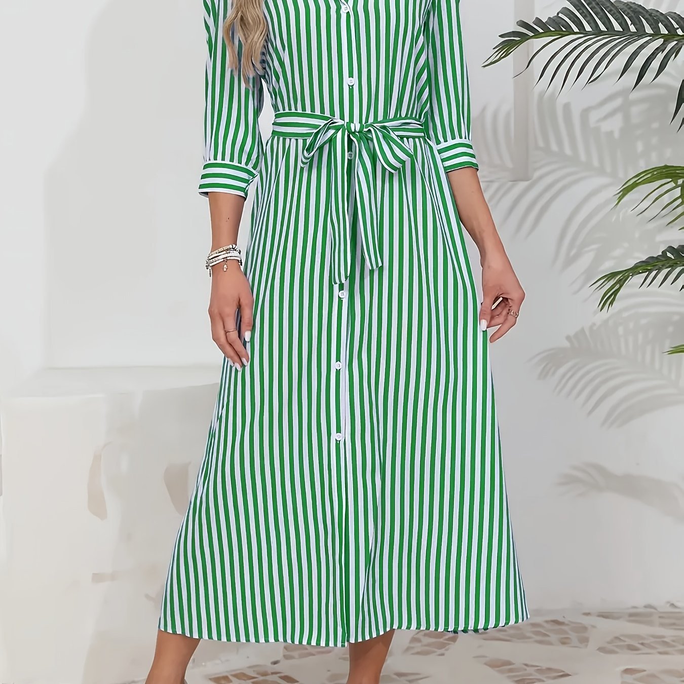 Striped Shirt Midi Dress with Tie Waist and Three Quarter Sleeves