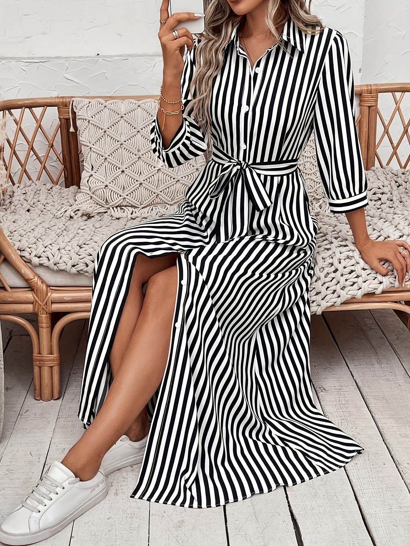Striped Shirt Midi Dress with Tie Waist and Three Quarter Sleeves