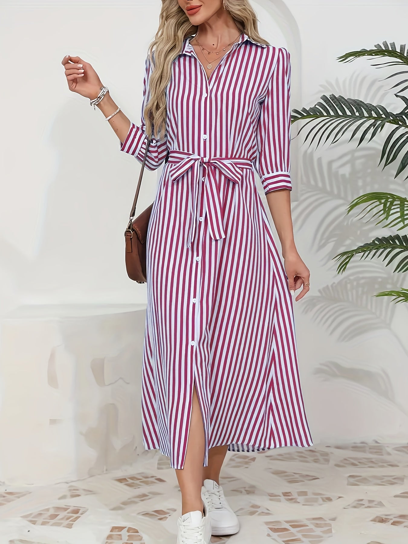 Striped Shirt Midi Dress with Tie Waist and Three Quarter Sleeves