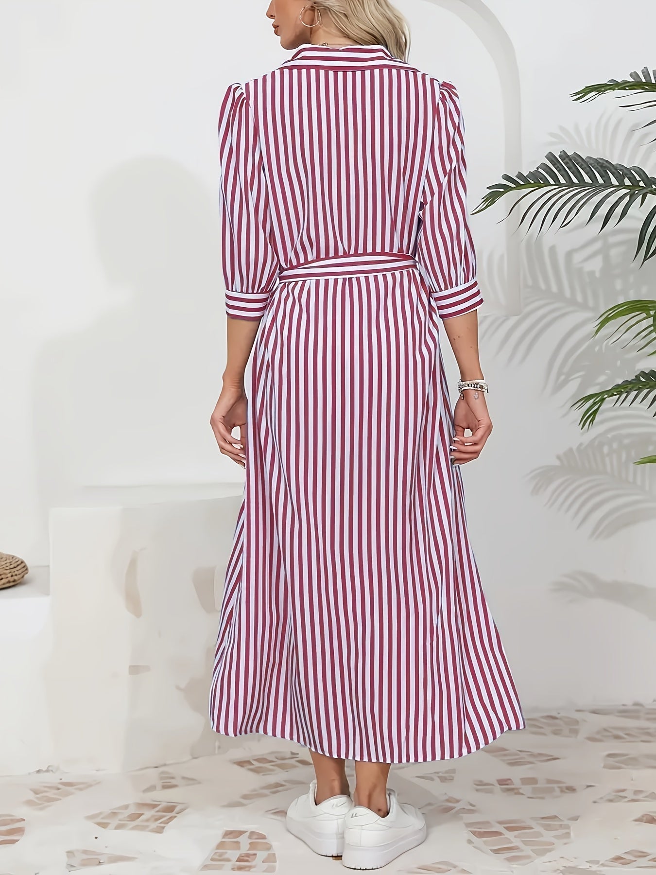 Striped Shirt Midi Dress with Tie Waist and Three Quarter Sleeves