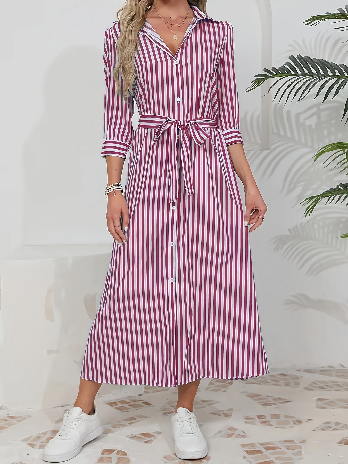 Striped Shirt Midi Dress with Tie Waist and Three Quarter Sleeves