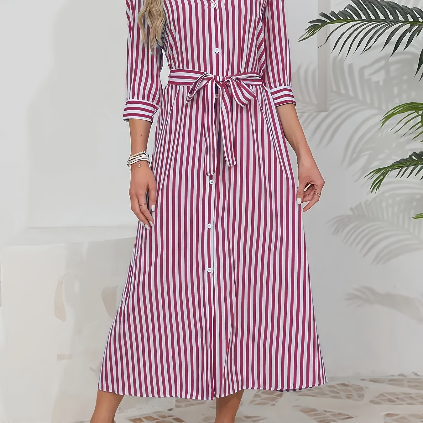 Striped Shirt Midi Dress with Tie Waist and Three Quarter Sleeves
