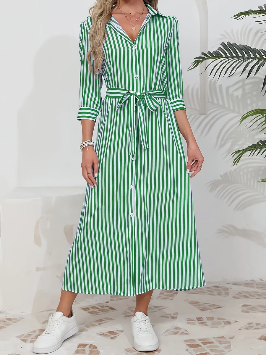Striped Shirt Midi Dress with Tie Waist and Three Quarter Sleeves