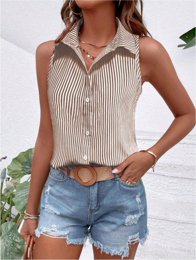 Striped Sleeveless Blouse with Collared Neckline