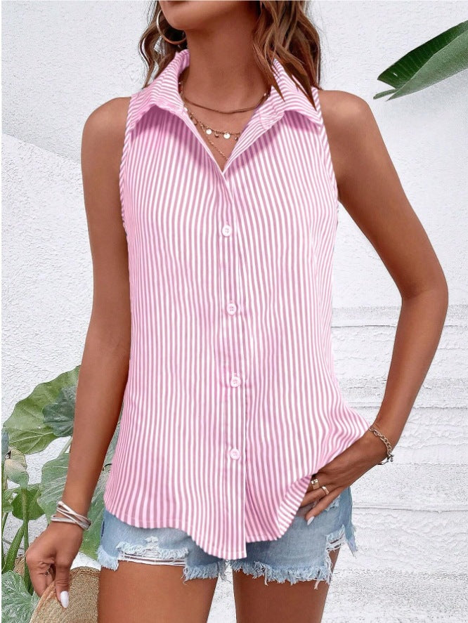 Striped Sleeveless Blouse with Collared Neckline