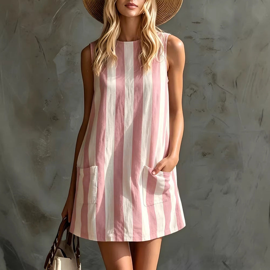 Striped Sleeveless Mini Dress with Front Pockets
