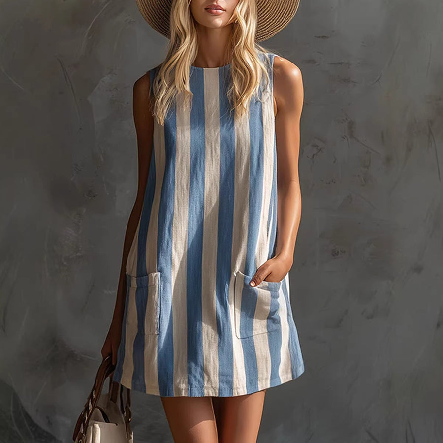 Striped Sleeveless Mini Dress with Front Pockets