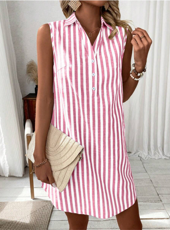 Striped Sleeveless Shirt Dress with Button-Up Front and Curved Hem