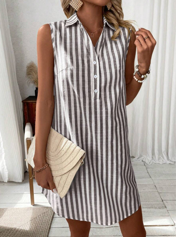 Striped Sleeveless Shirt Dress with Button-Up Front and Curved Hem