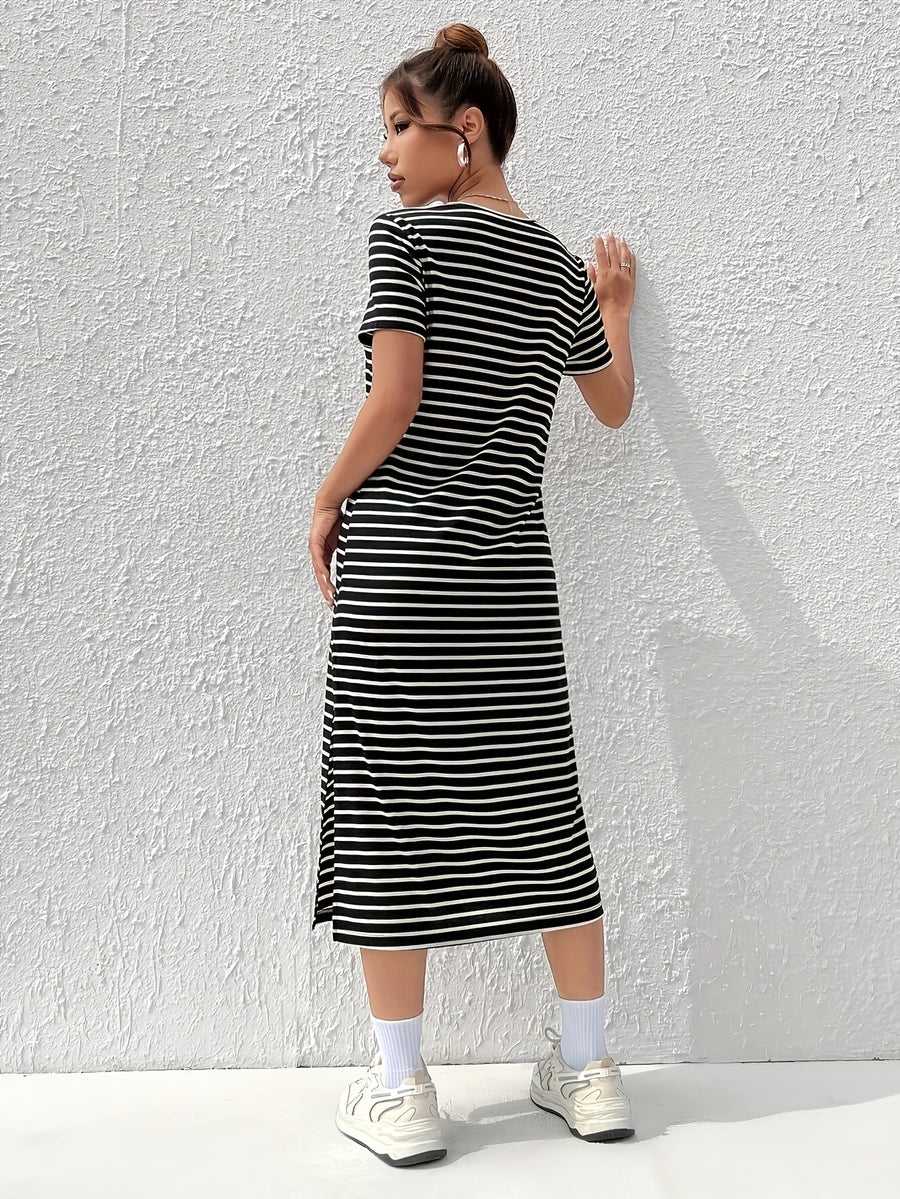 Striped T-Shirt Midi Dress with Side Split and Short Sleeves