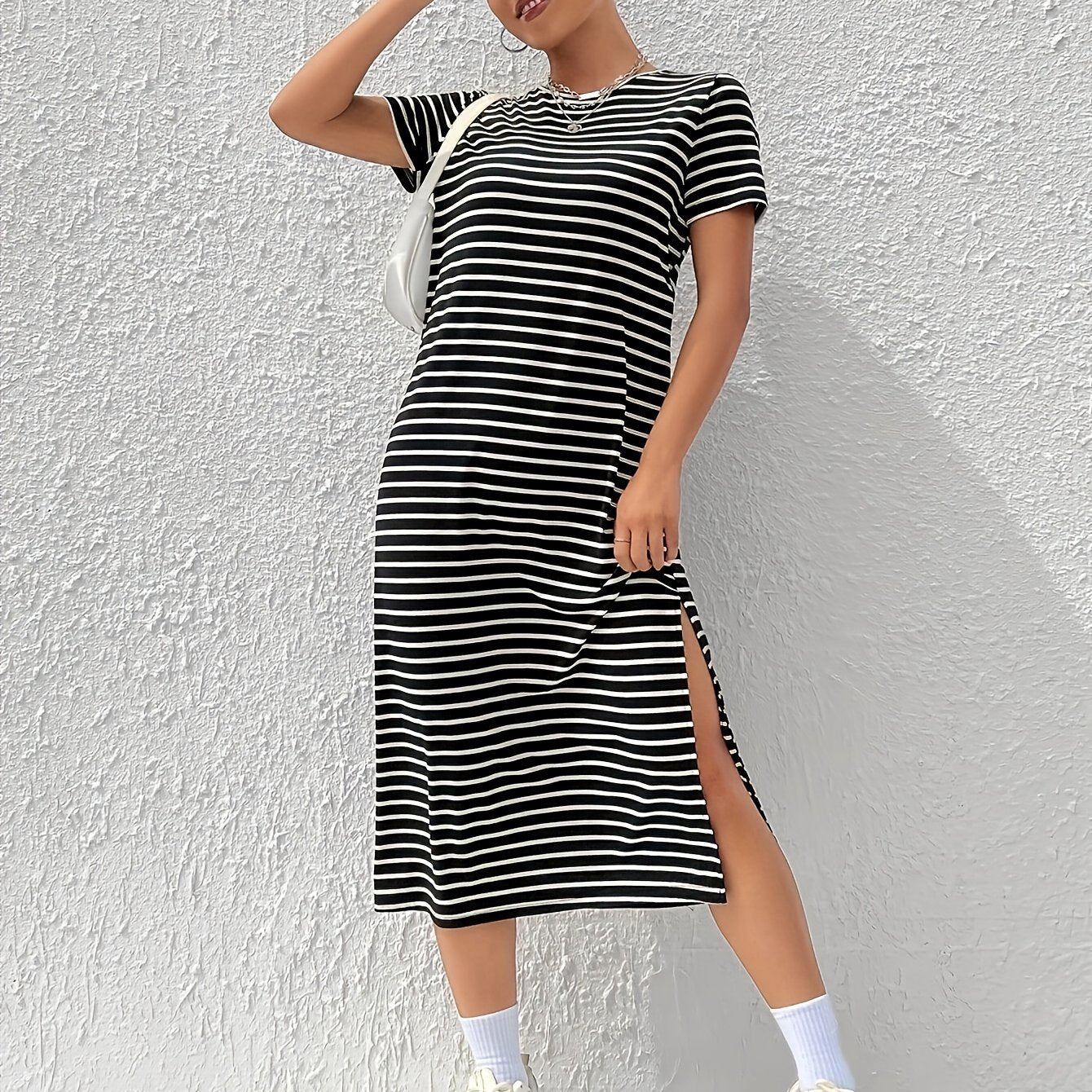 Striped T-Shirt Midi Dress with Side Split and Short Sleeves
