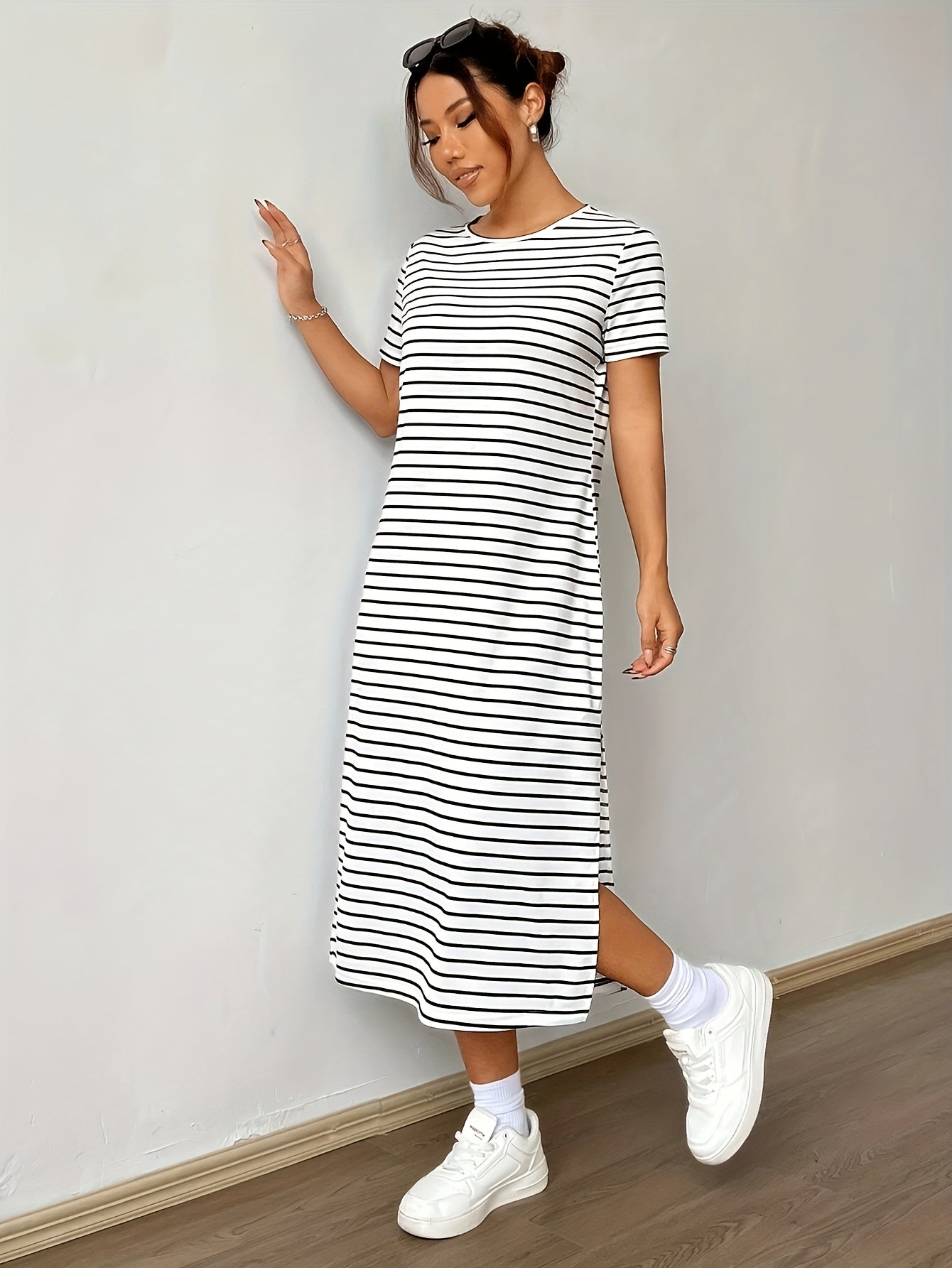 Striped T-Shirt Midi Dress with Side Split and Short Sleeves