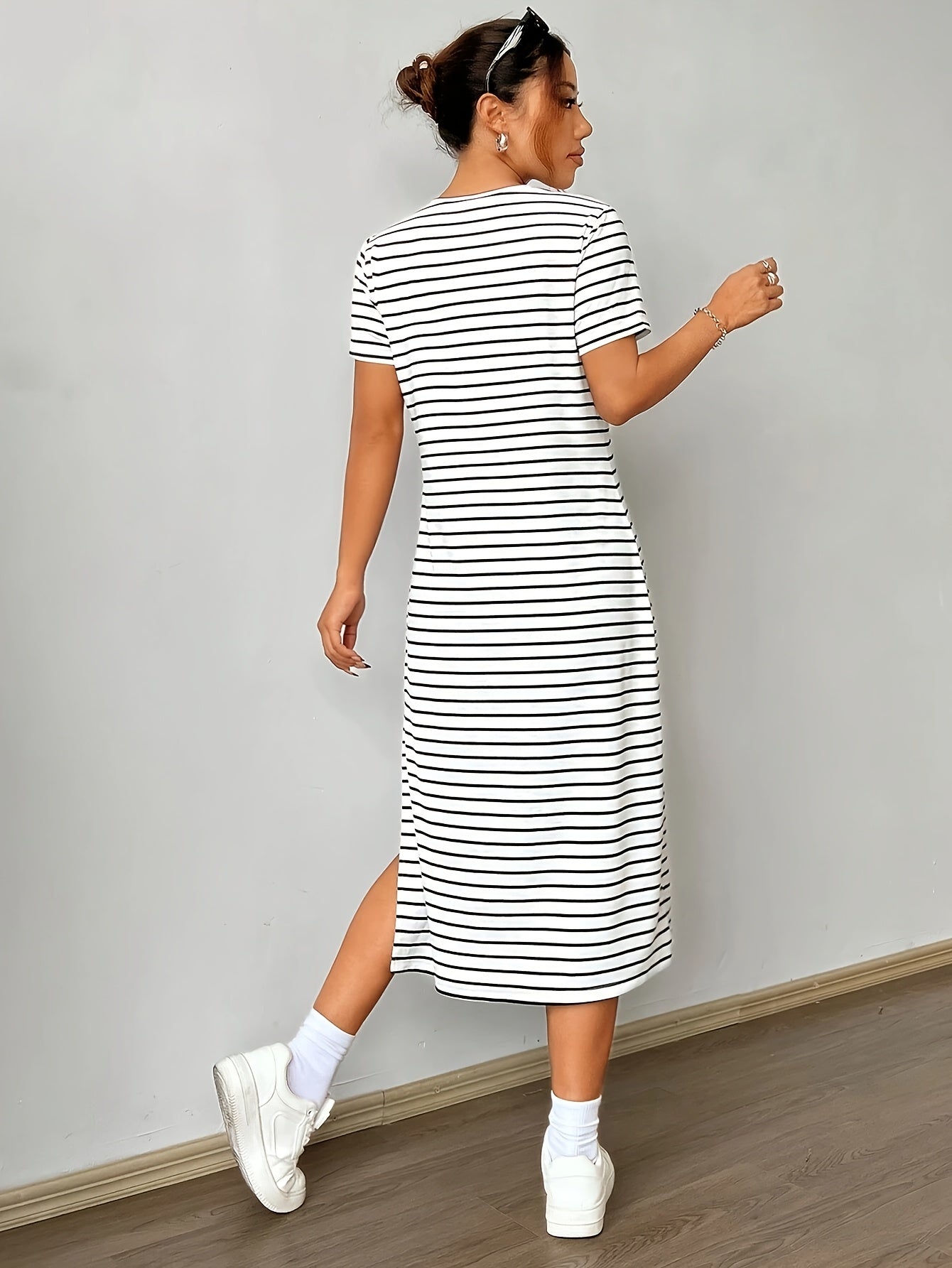 Striped T-Shirt Midi Dress with Side Split and Short Sleeves