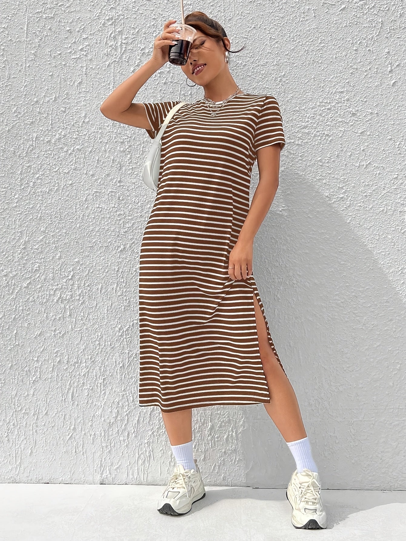 Striped T-Shirt Midi Dress with Side Split and Short Sleeves