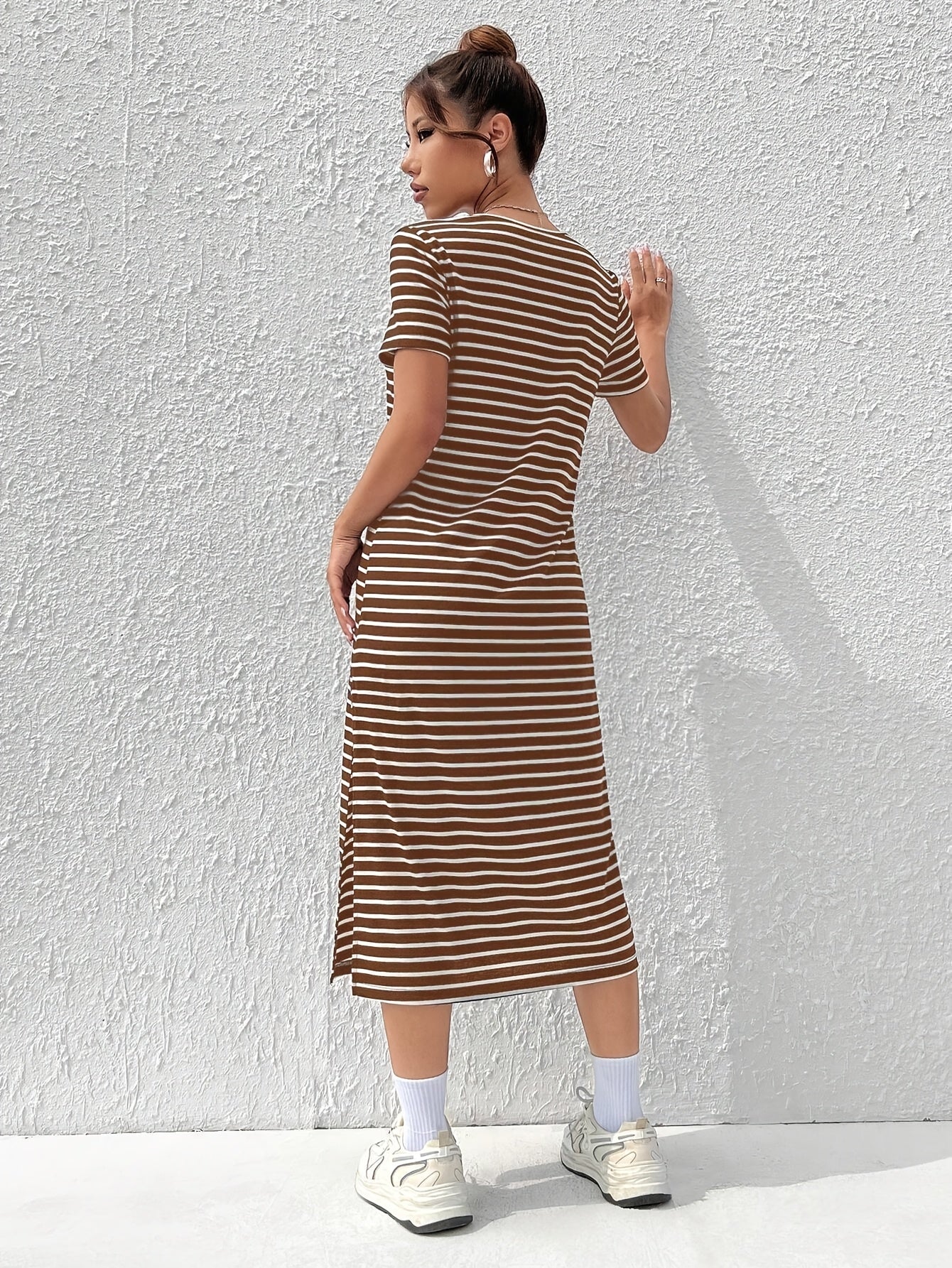 Striped T-Shirt Midi Dress with Side Split and Short Sleeves