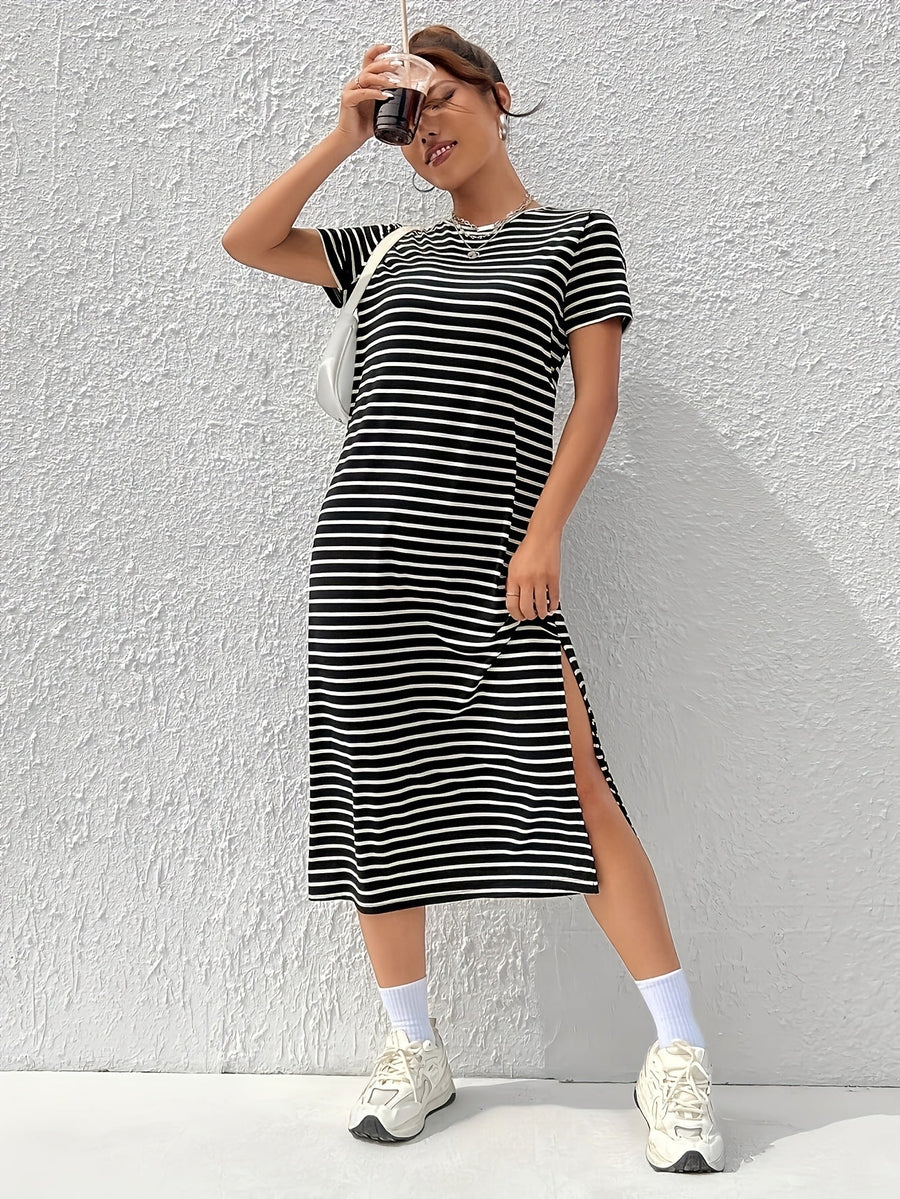 Striped T-Shirt Midi Dress with Side Split and Short Sleeves