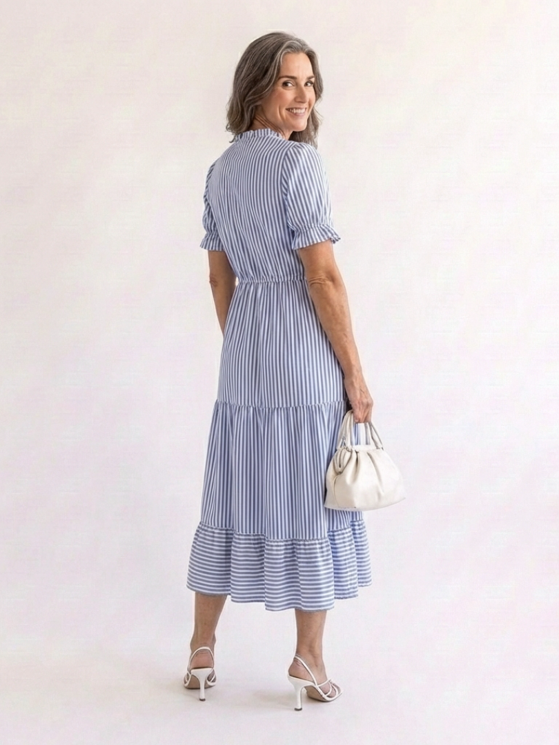 Striped Tiered Midi Dress with Puff Sleeves and Tassel Detail
