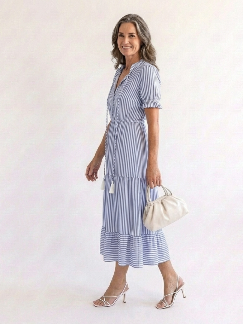 Striped Tiered Midi Dress with Puff Sleeves and Tassel Detail