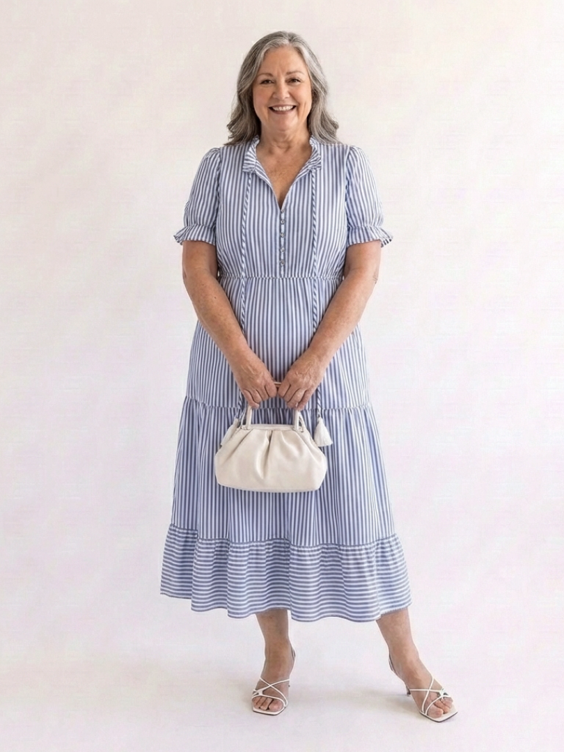 Striped Tiered Midi Dress with Puff Sleeves and Tassel Detail