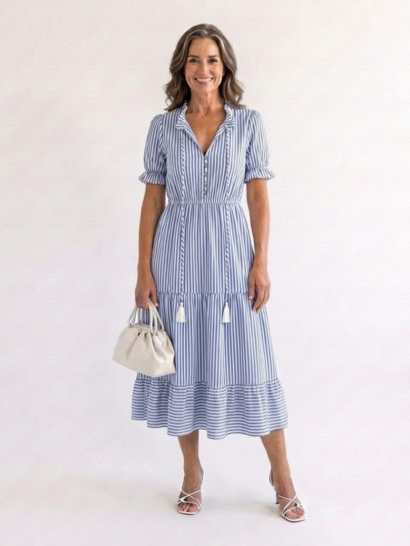 Striped Tiered Midi Dress with Puff Sleeves and Tassel Detail