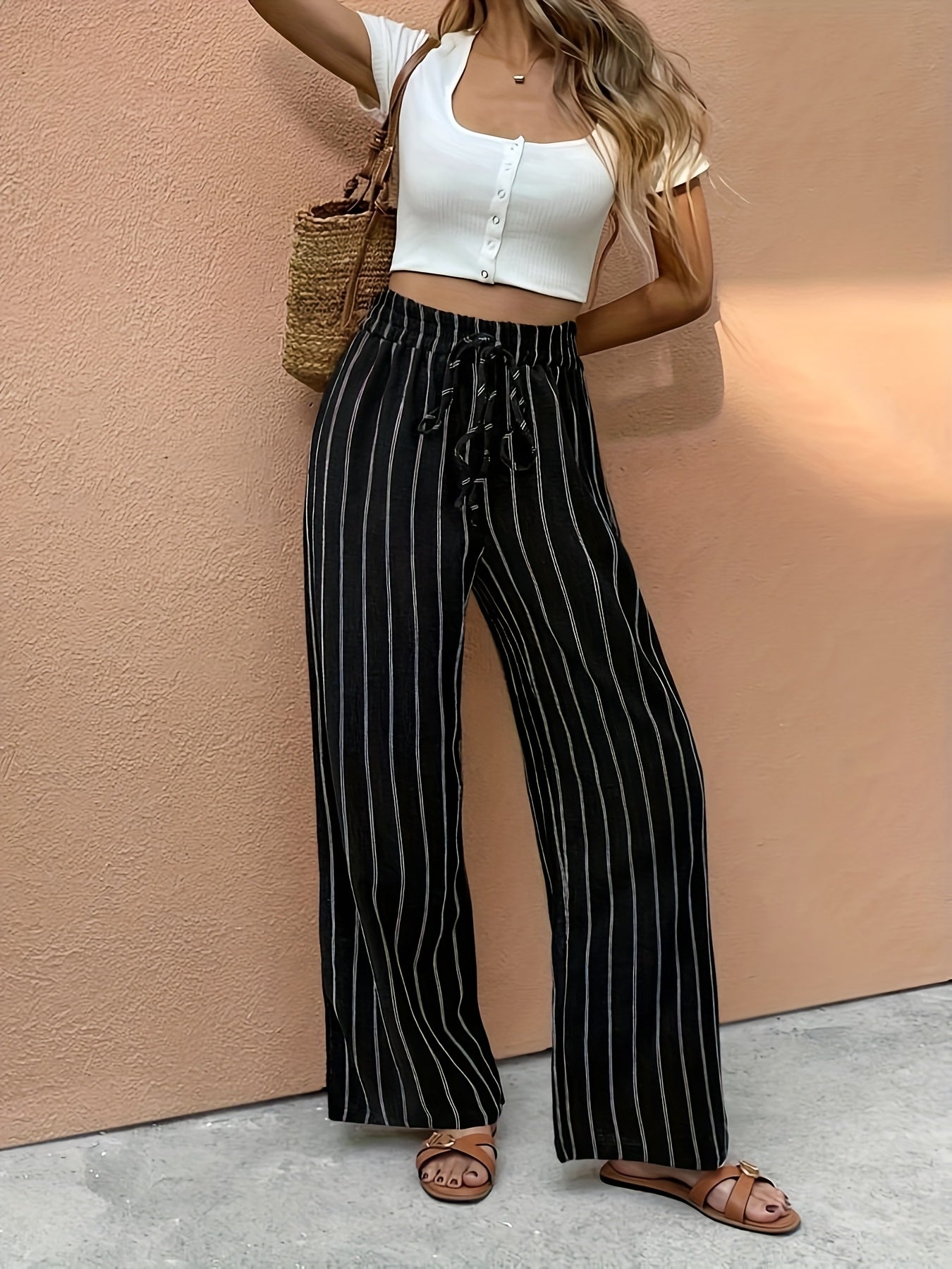 Striped Wide Leg Linen Trousers with Elasticated Drawstring Waist