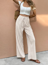 Striped Wide Leg Linen Trousers with Elasticated Drawstring Waist