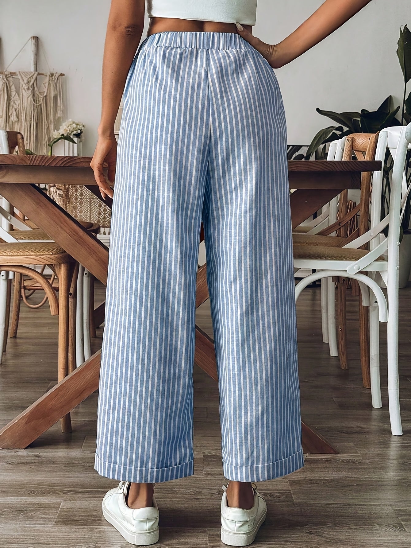 Striped Wide Leg Linen Trousers with Elasticated Waist