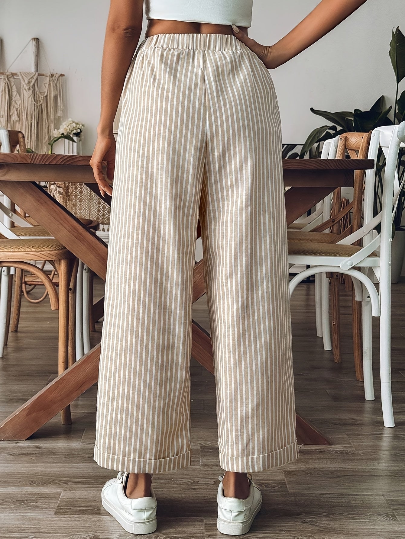 Striped Wide Leg Linen Trousers with Elasticated Waist