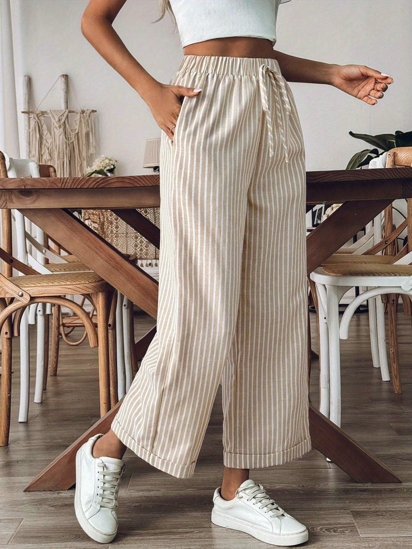 Striped Wide Leg Linen Trousers with Elasticated Waist