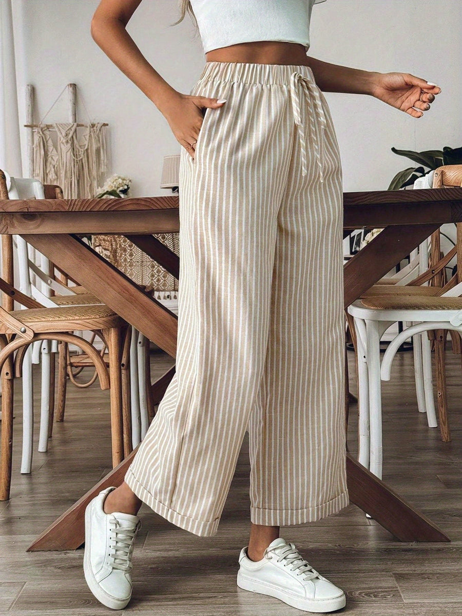 Striped Wide Leg Linen Trousers with Elasticated Waist