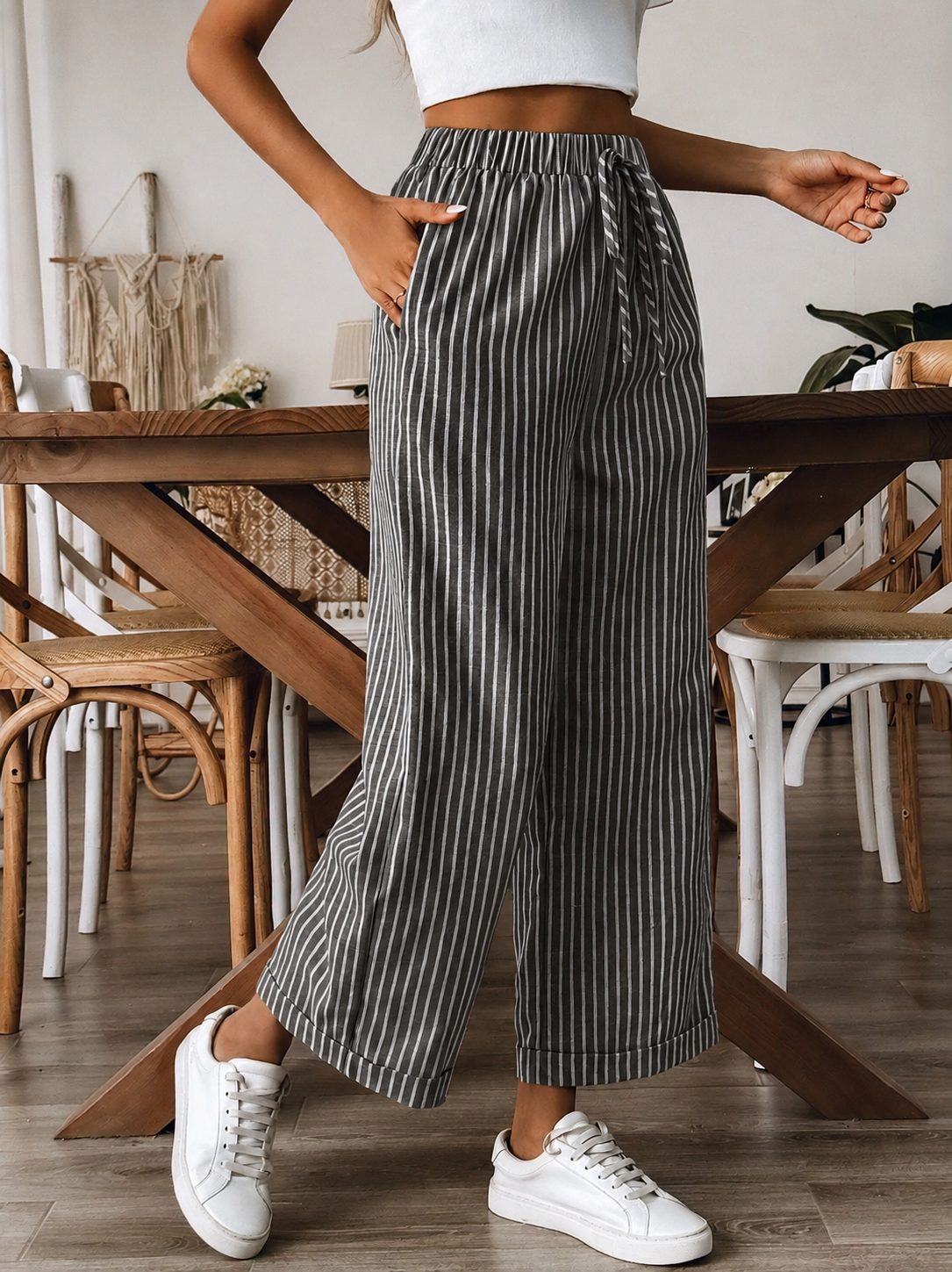 Striped Wide Leg Linen Trousers with Elasticated Waist