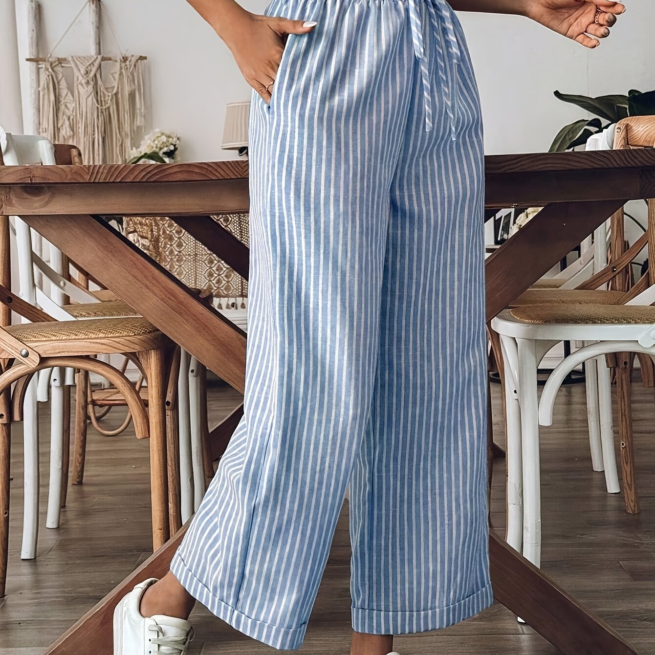 Striped Wide Leg Linen Trousers with Elasticated Waist