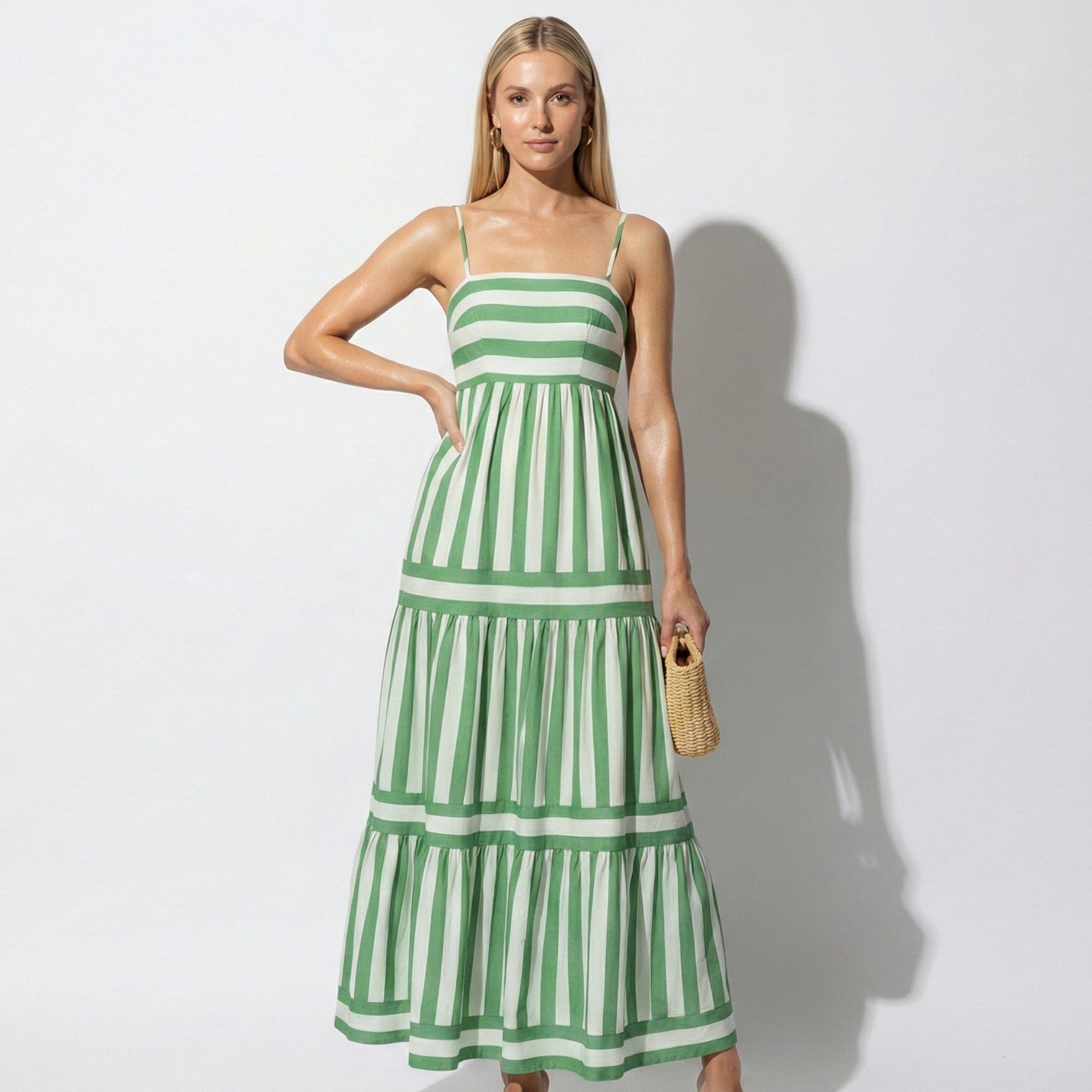 Striped Tiered Maxi Dress with Square Neck