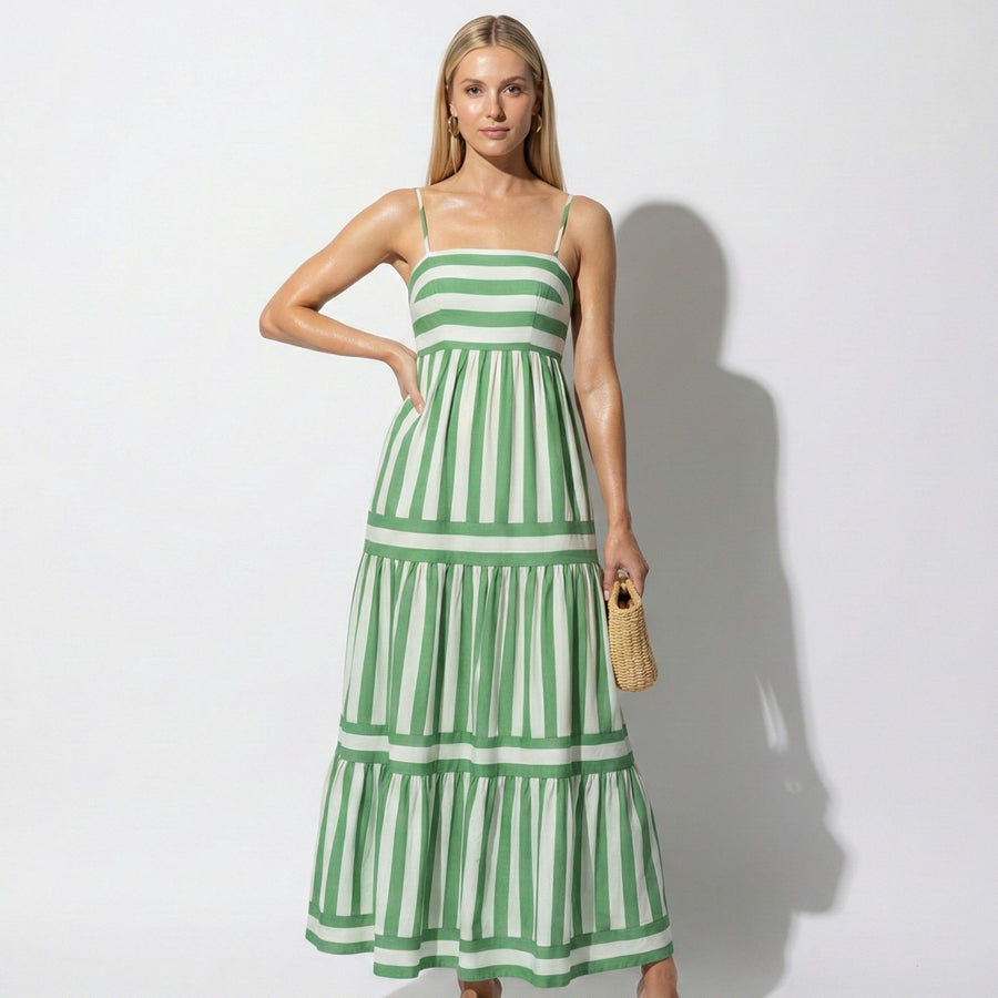 Striped Tiered Maxi Dress with Square Neck
