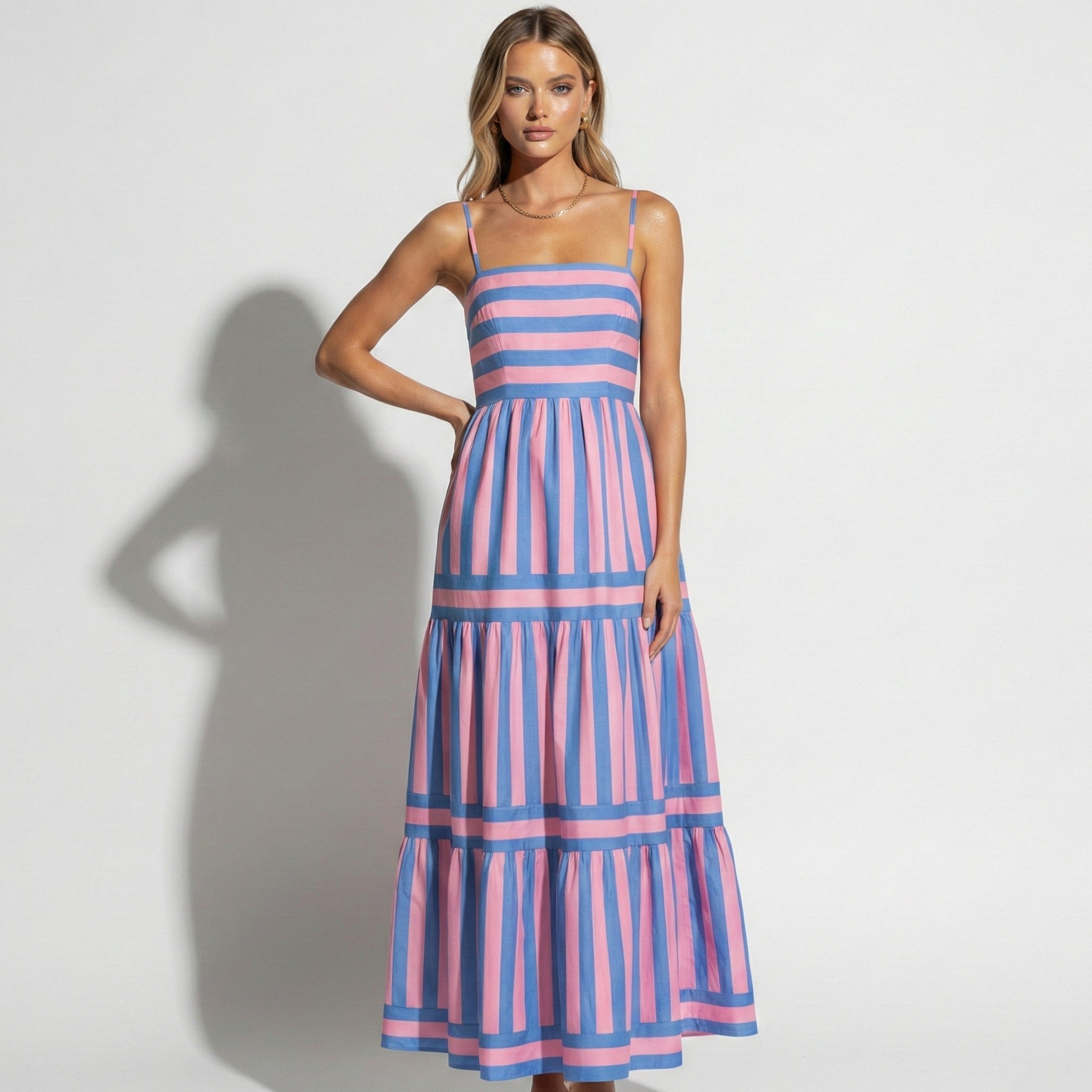 Striped Tiered Maxi Dress with Square Neck