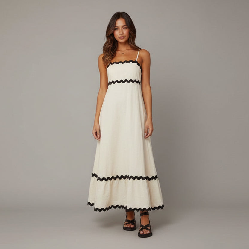 Stylish Maxi Dress with Contrast Wave Trim and Spaghetti Straps