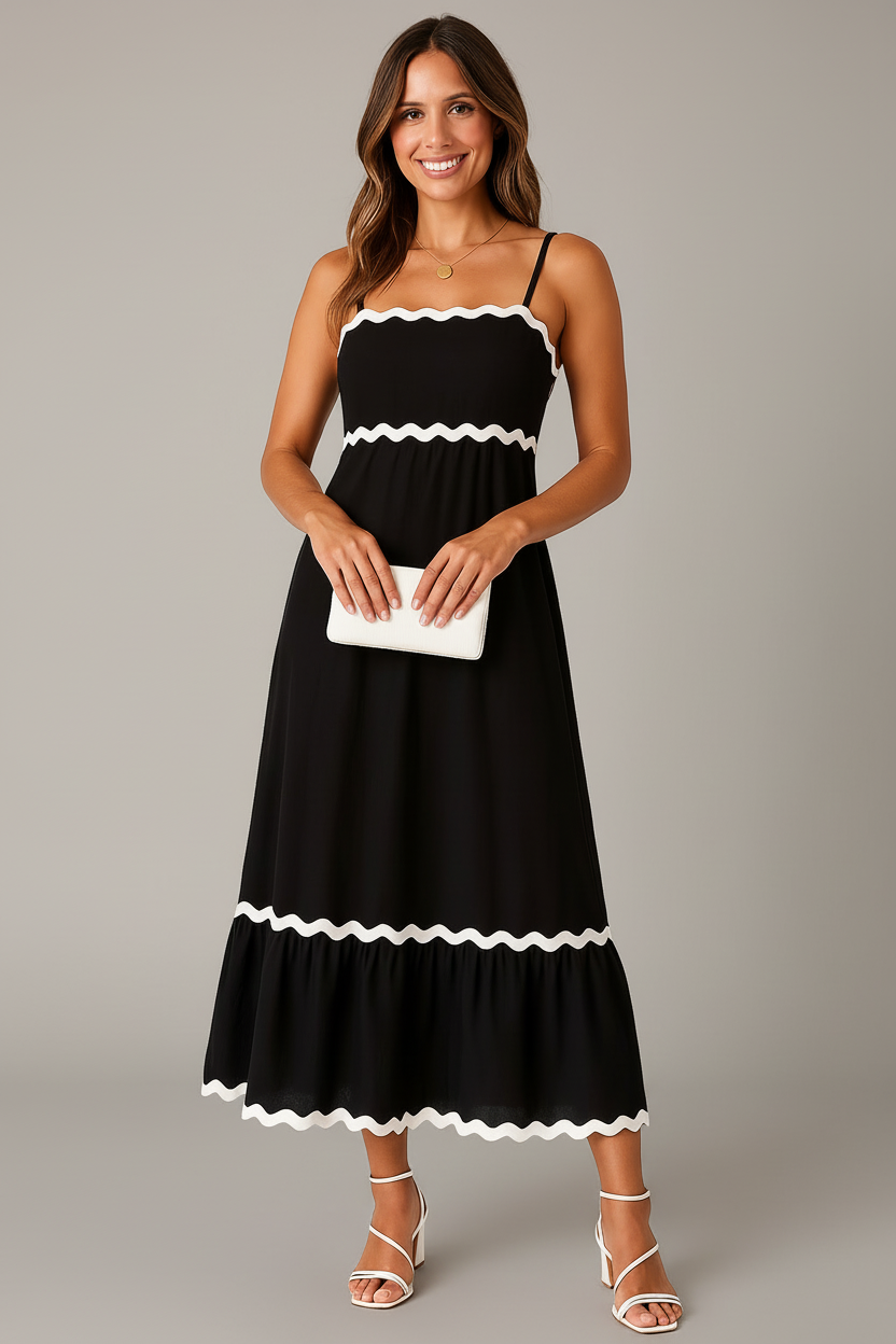 Stylish Maxi Dress with Contrast Wave Trim and Spaghetti Straps