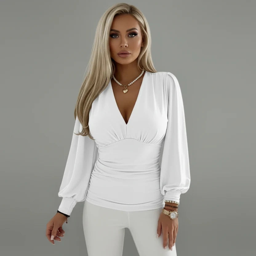 Stylish Top with Deep V-Neckline and Gathered Waist