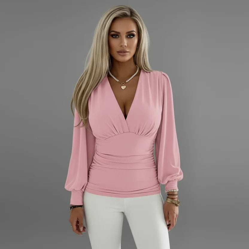 Stylish Top with Deep V-Neckline and Gathered Waist