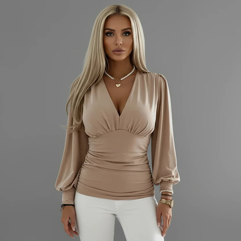 Stylish Top with Deep V-Neckline and Gathered Waist