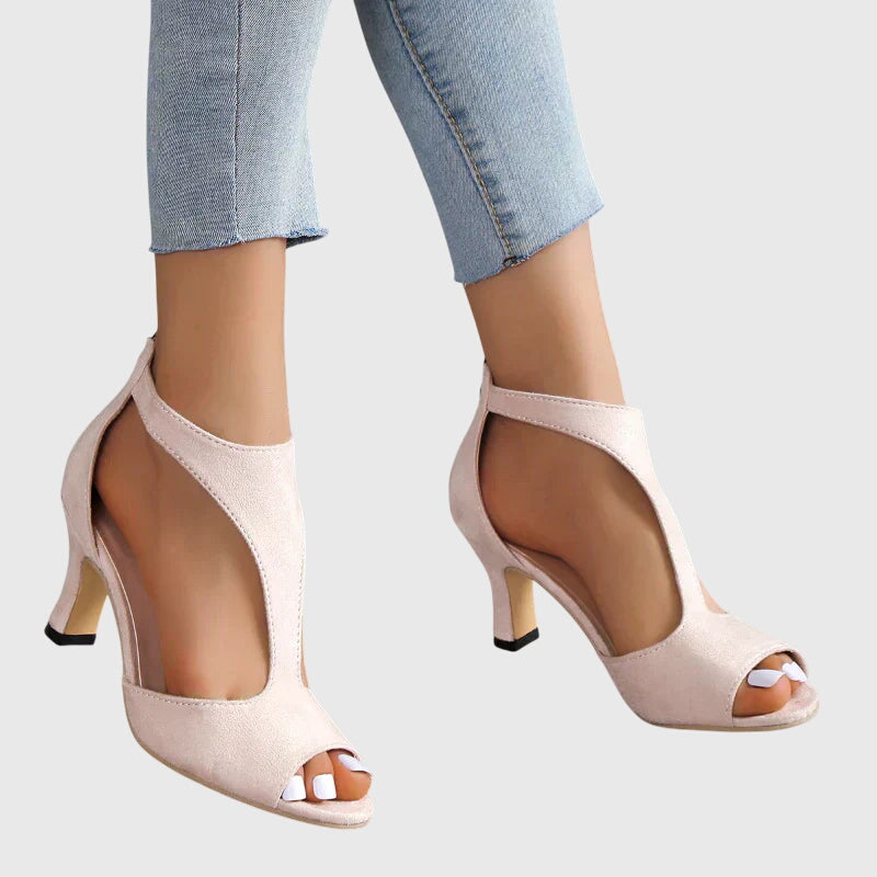 Suede Block Heel Sandals with Cut Out Detail and Peep Toe