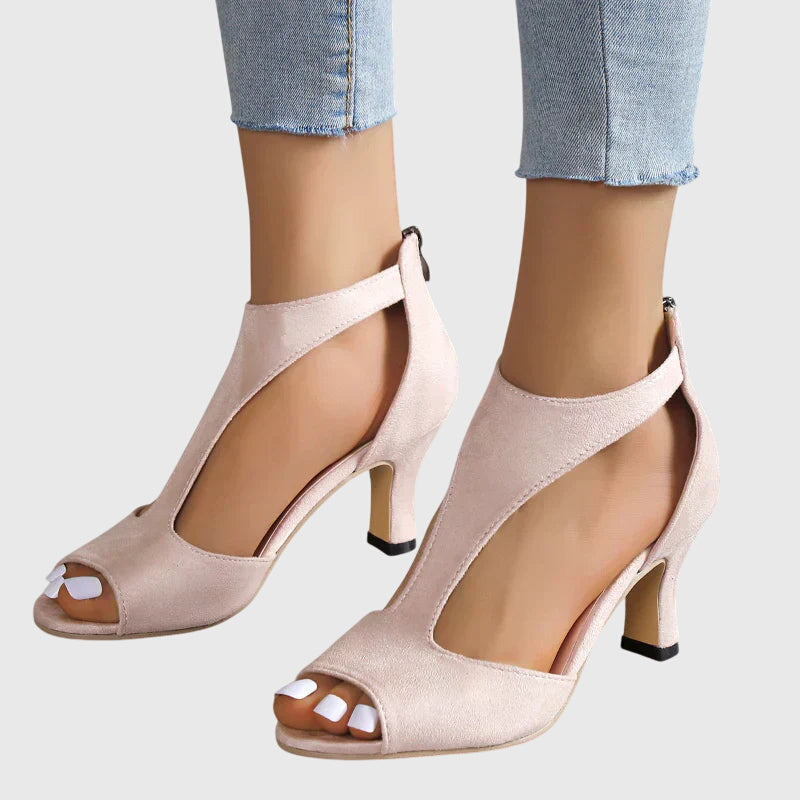 Suede Block Heel Sandals with Cut Out Detail and Peep Toe