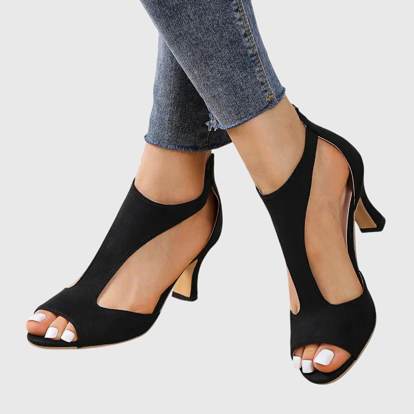 Suede Block Heel Sandals with Cut Out Detail and Peep Toe