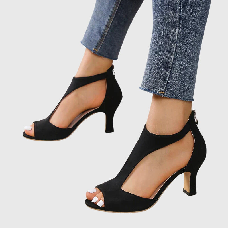 Suede Block Heel Sandals with Cut Out Detail and Peep Toe