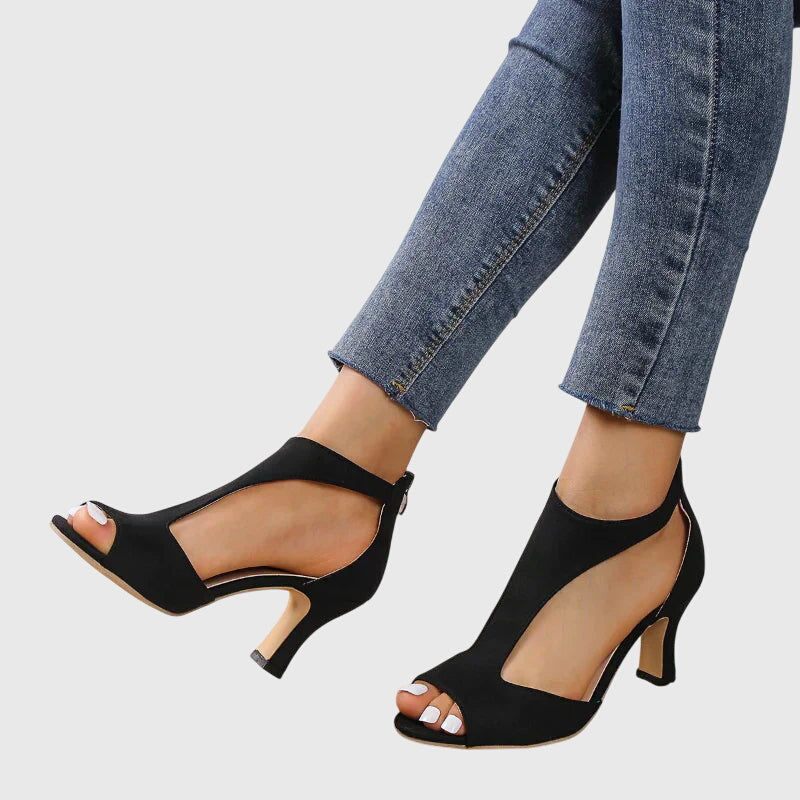 Suede Block Heel Sandals with Cut Out Detail and Peep Toe