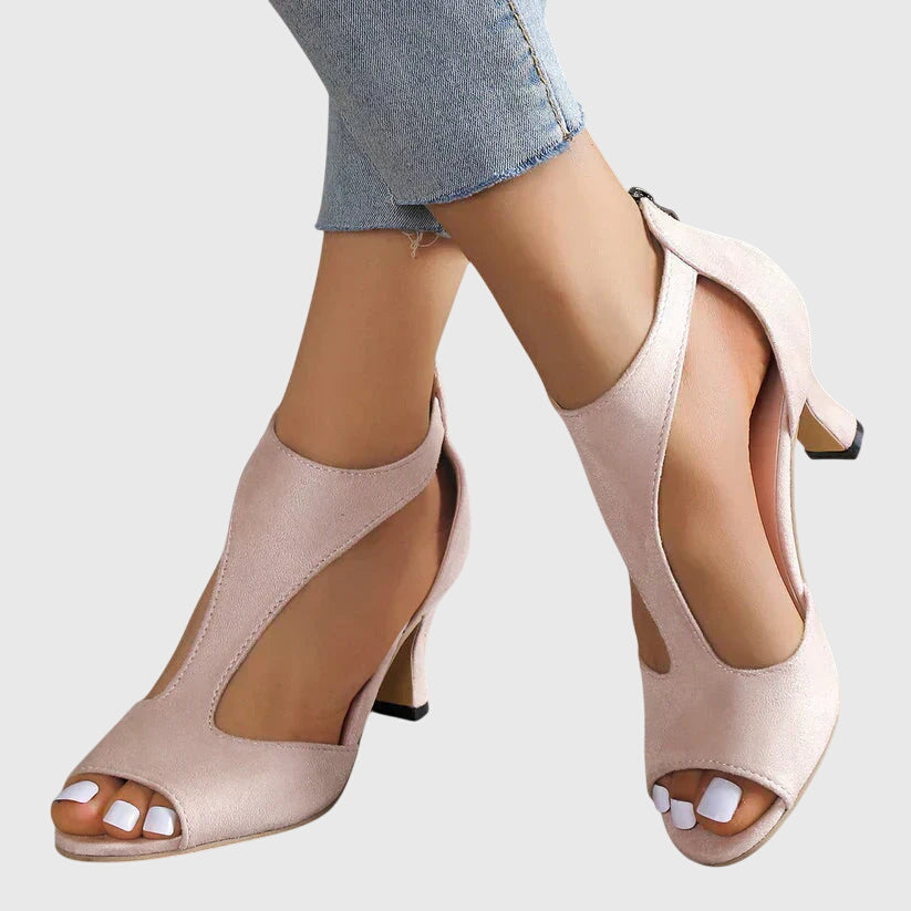 Suede Block Heel Sandals with Cut Out Detail and Peep Toe