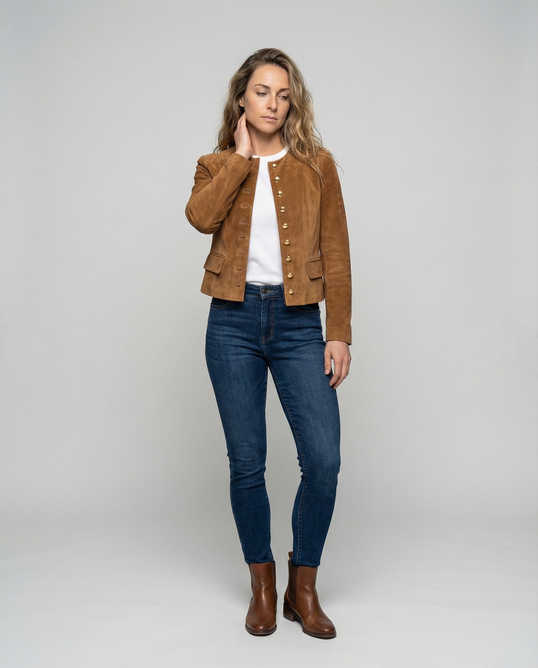 Tan Suede Jacket with Gold Buttons and Collarless Neckline