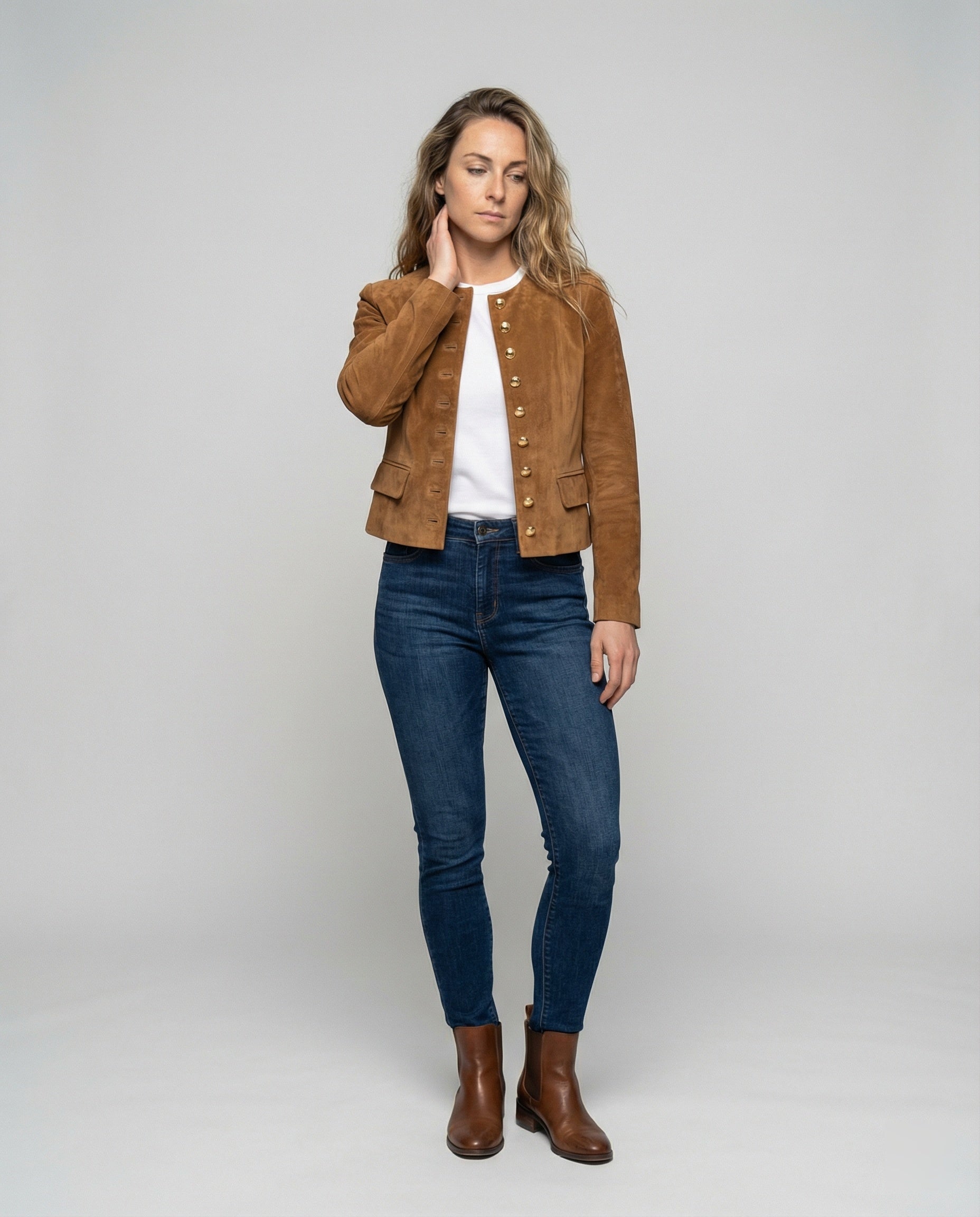 Tan Suede Jacket with Gold Buttons and Collarless Neckline